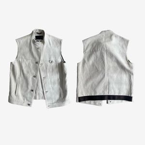 VINTAGE PRADA Mens Gilet Vest solid beige cotton linen canvas button front